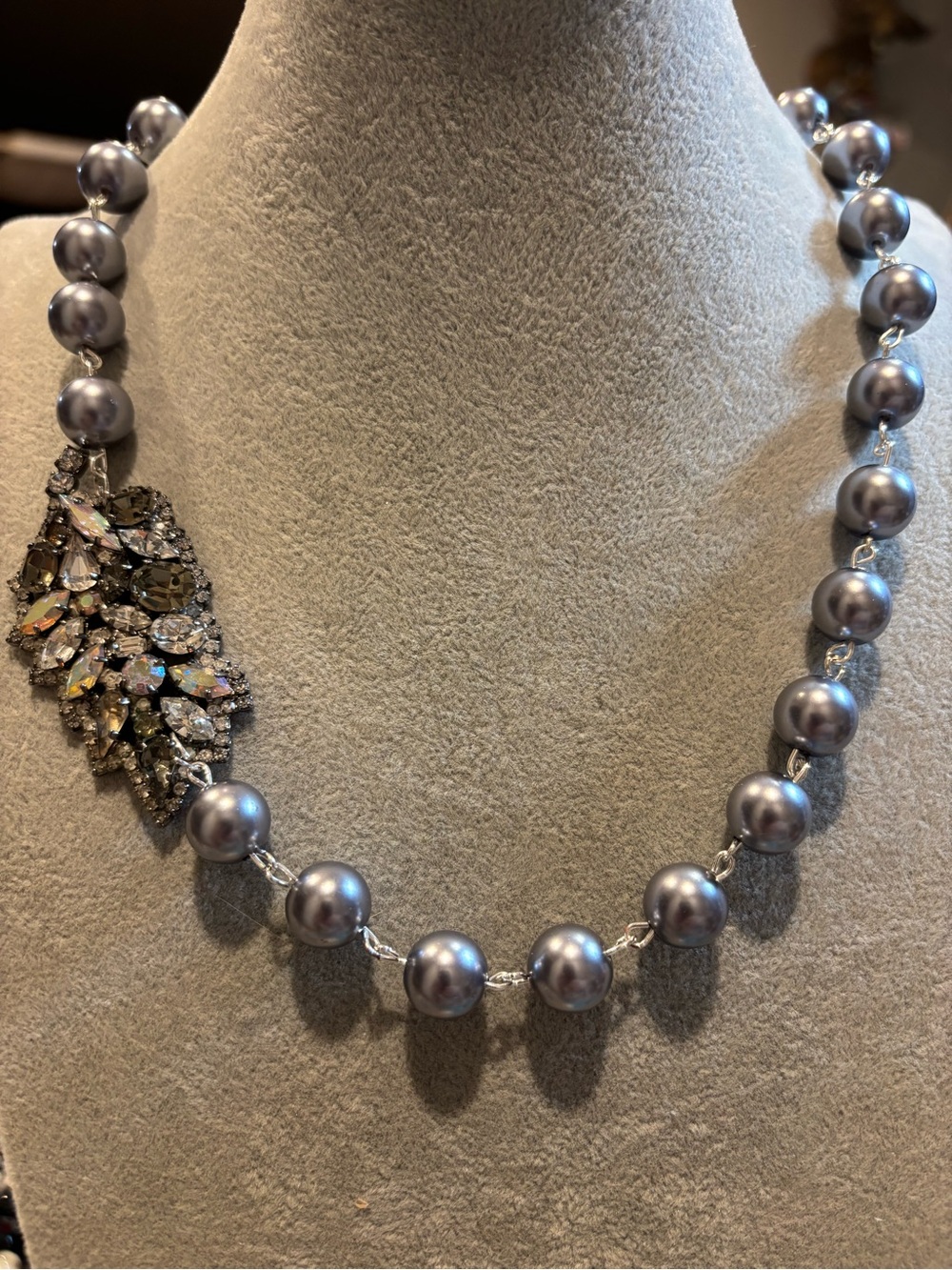 Elegant handmade Grey Pearl Necklace w/repurposed vintageCrystal brooch pendant!